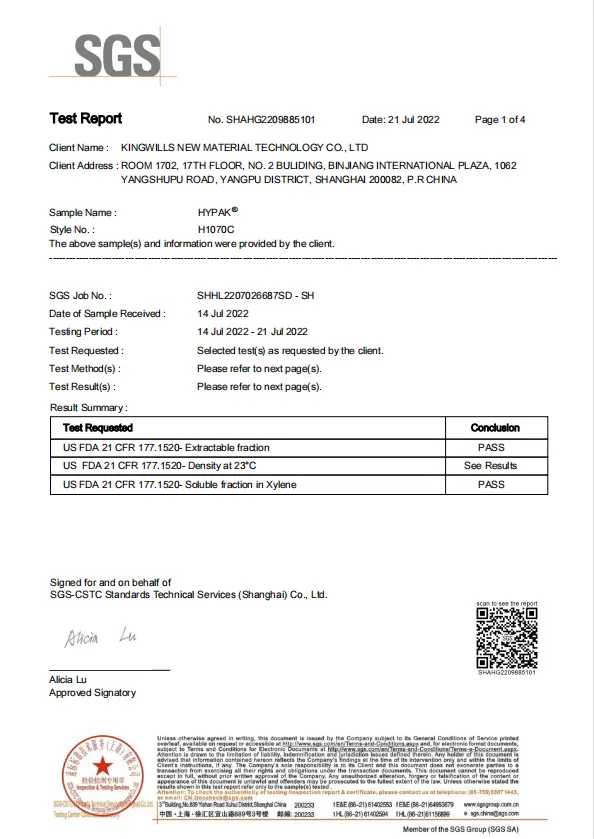 Hypak Flashspun SGS Test certification